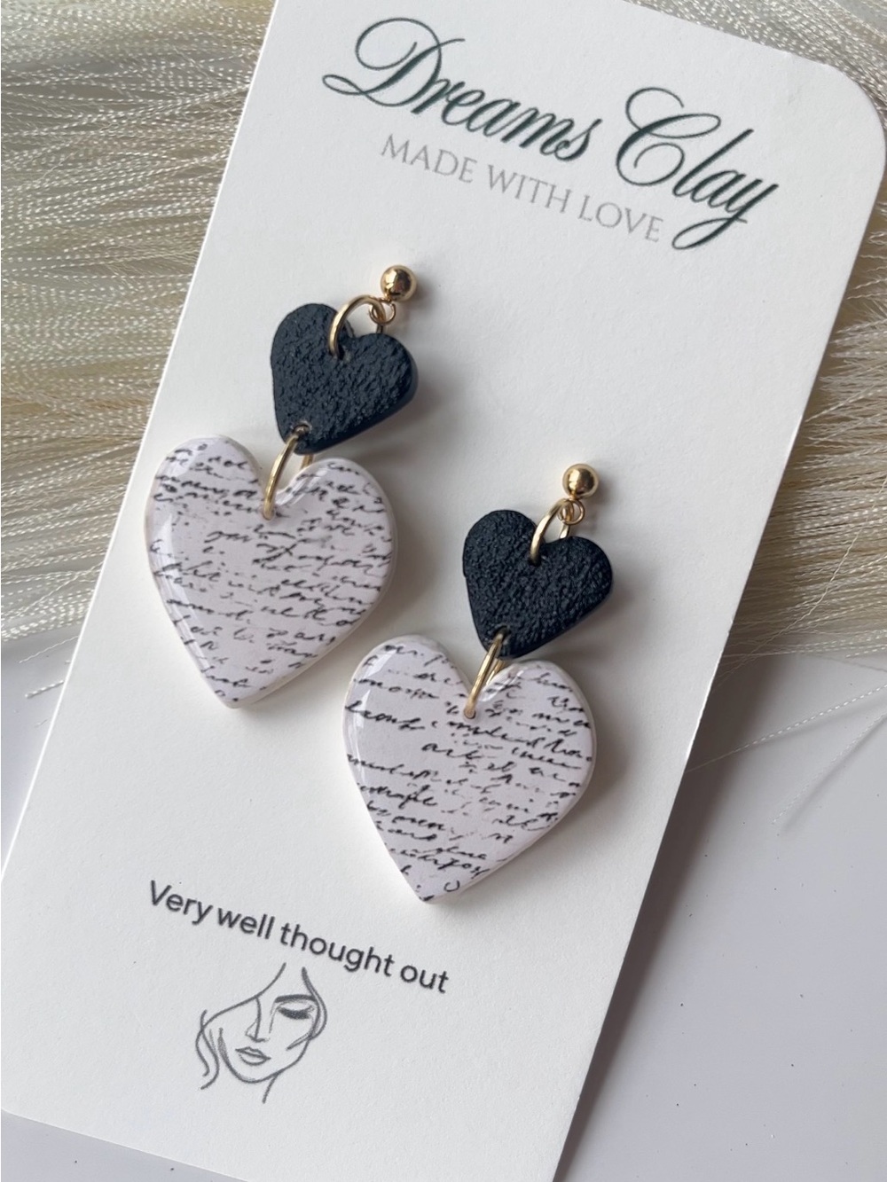 Black & White Script Heart Drop Earrings